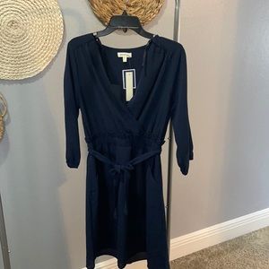 Navy cinches waist long sleeve dress
